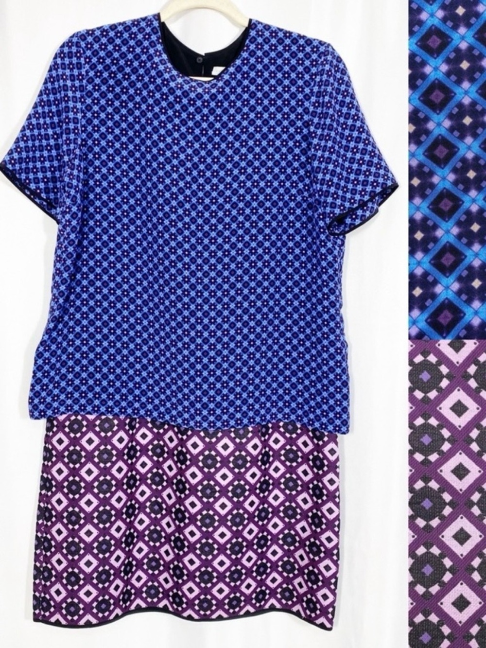 Victoria Beckham Layered Silk Cotton Shift Dress: Geometric Print Blue/Purple